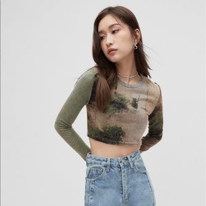 Abstract Landscape Crepe Mesh Crop Top